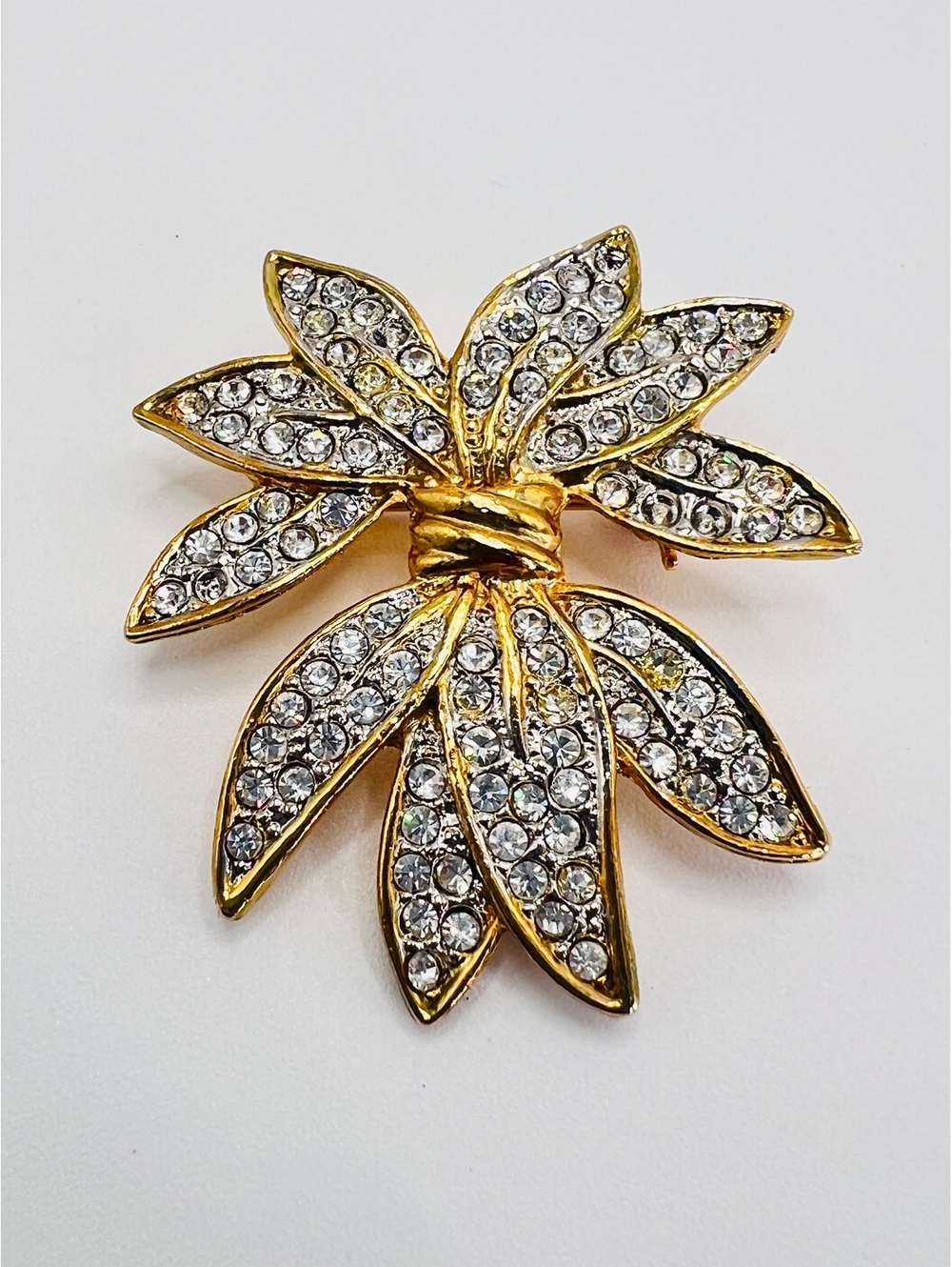 Vintage Clear Rhinestone Leaf Spray Brooch Gold Tone Statement Pin